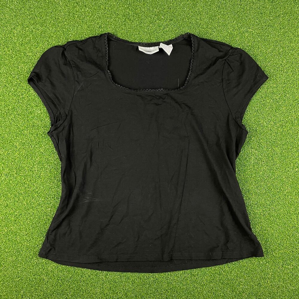 Vintage Worthington Black Short Sleeve Square Neck Stretch Top Sz L